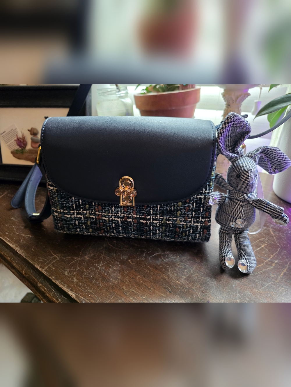 Chic Navy Tweed Crossbody Bag with Gold Hardware and Bunny Charm